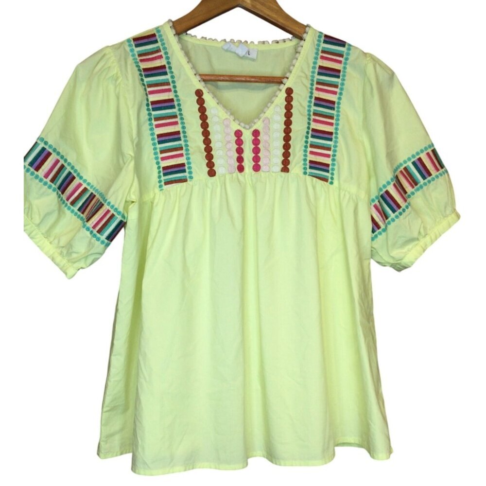 THML Womens Embroidered Yellow Cotton Blend Boho Blouse Top Size S